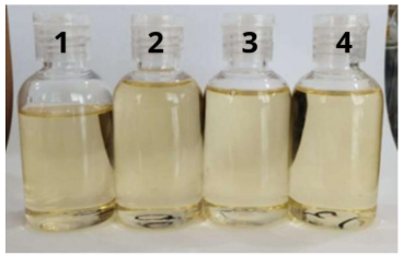 Figure 1. Appearance and physical stability of CFEO microemulsion (1. Low energy PIC; 2. Low energy spontaneous; 3. High energy PIC; 4. High energy spontaneous)