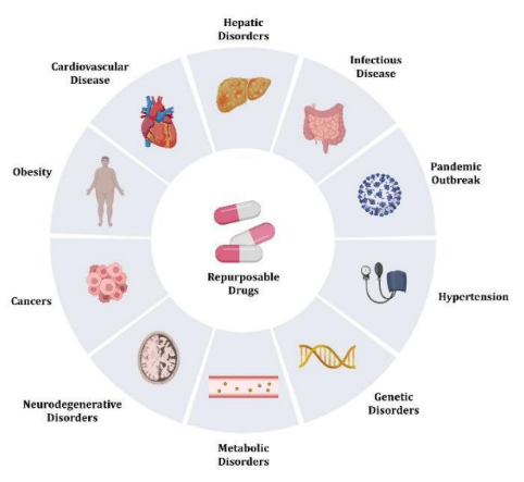 Figure 2. Drug repurposing opportunities in different disease types. Repurposable drugs can be applied to multiple clinical indications, such as hepatic, metabolic, infectious, cardiovascular, oncologic, neurodegenerative, genetic, and obesity-related disorders.